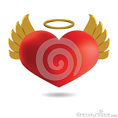 Red Angel Heart with Golden Wings and Halo, On White B Vector Illustration