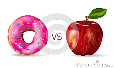 Red apple against sweet pink donut. Vegetarianism and a healthy lifestyle. Junk food vs healthy vector concept template, photo Cartoon Illustration