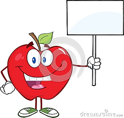 Red Apple Cartoon Character Holding Up A Blank Sig Stock Photo