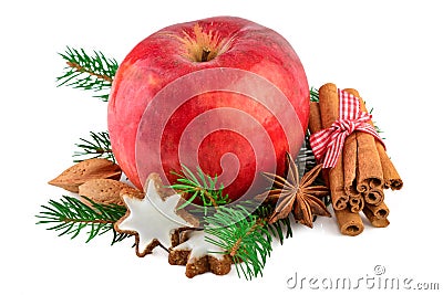 Red apple Christmas decorating farmhouse style rustic still life. Christmas apple with spices on white Stock Photo