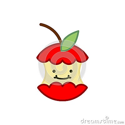 Red apple core cute cartoon. rest of fruit on white background. Vector Illustration