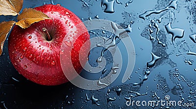 A red apple covered in raindrops on a wet surface, top view Stock Photo