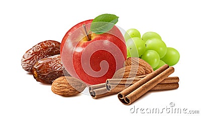 Red apple, dates, almond nuts, cinnamon and grapes isolated on white background Stock Photo