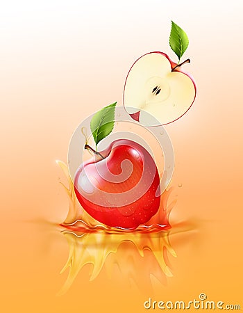 Red apple drop on juice splash and ripple, Realistic Fruit and yogurt, transparent, vector illustration Vector Illustration