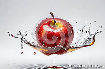 red apple with droplets of apple cider vinegar splashing around it, centered on a pristine white background Stock Photo