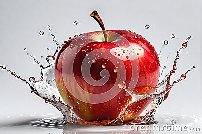 red apple with droplets of apple cider vinegar splashing around it, centered on a pristine white background Stock Photo