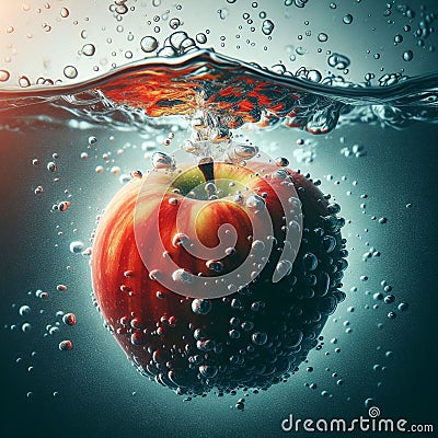 red apple forming a crown of water when falling from above into a source of crystalline and pure water. Stock Photo
