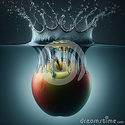 red apple forming a crown of water when falling from above into a source of crystalline and pure water. Stock Photo