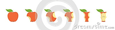 Red apple fruit bite stage set. From whole to apple core gradual decrease. Bitten and eaten. Animation progression. Flat vector Cartoon Illustration