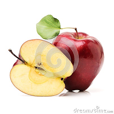 Red apple fruit with half and green leaf Stock Photo