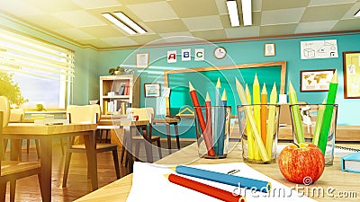 Red apple, glasses with colorful pencils and white paper on a table in empty school classroom Cartoon Illustration