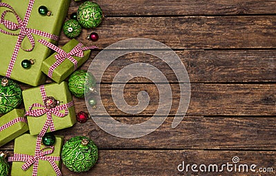 Red and apple green christmas presents with a checked ribbon on Stock Photo