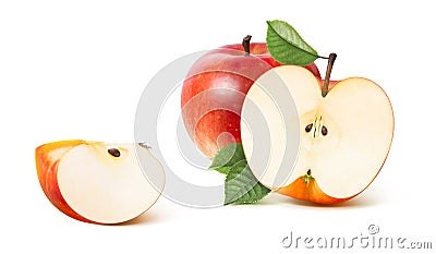 Red apple half and distant quarter isolated on white Stock Photo