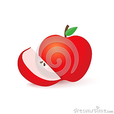 Red apple half and slice. realistic red Apple closeup. Vector Vector Illustration