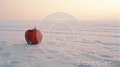 Lonely Apple In Snow: A Captivating Image Of Bold Chromaticity Stock Photo