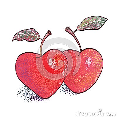 Red apple in the shape of heart isolated on white background. Dotted Graphic Technique. Vector Illustration