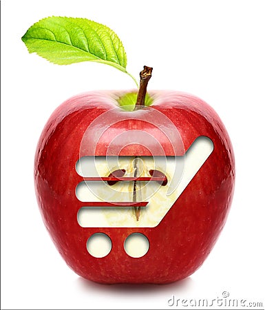 Red apple with shopping cart. Stock Photo