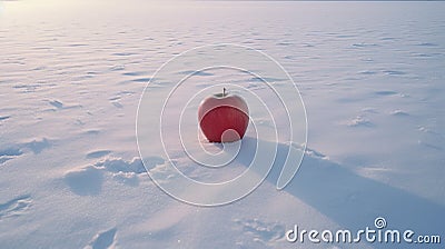 Lonely Red Apple On Snowfield: Leica M6 Style With Soft Romantic Scenes Stock Photo