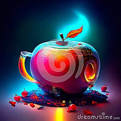 Red apple and teapot on black background. 3d illustration generative AI Cartoon Illustration