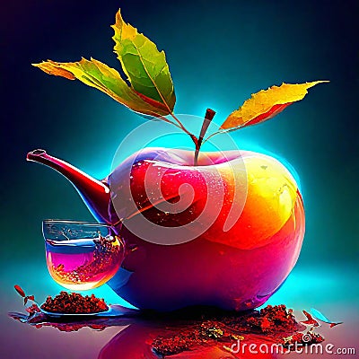 Red apple with a teapot on a dark blue background. AI Generated Stock Photo