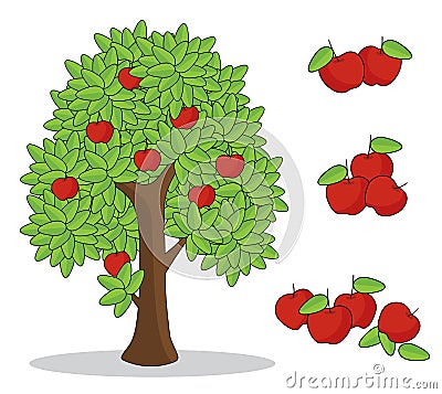 Red apple on tree with white background. isolated doodle hand drawing. Vector Illustration