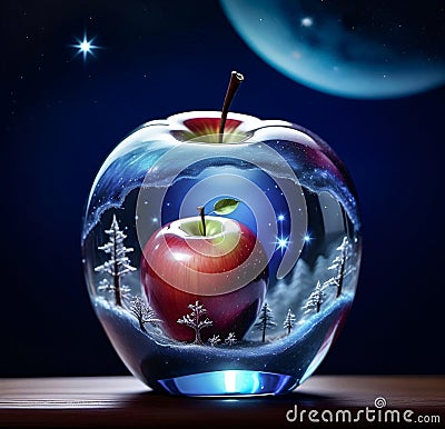 Red apple and winter nature in glass apple Stock Photo