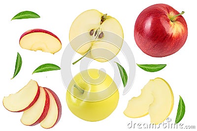 Red apple and yellow with slices isolated on white background. Top view. Flat lay. Set or collection Stock Photo