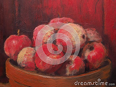 Red apples in a bowl. A healthy diet. Oil painting. Stock Photo