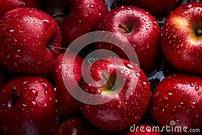 Red apples, closeup with top view, Red apple patterns, Top view of bright ripe fragrant red apples with water drops as background Stock Photo