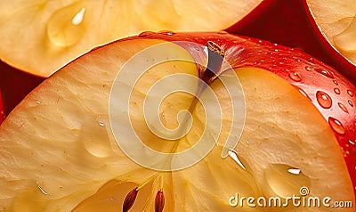 red apples slices. Macro capture of a crisp apple slice water droplets. Nature's freshness. Created by AI tools Stock Photo