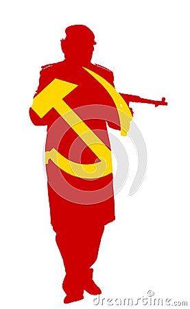 Red army soldier with rifle in battle vector silhouette illustration isolated on white background. Vector Illustration