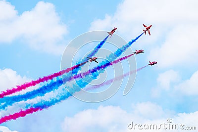 Red Arrow Aerobatic Team in the RIAT airshow in Fairford, England, UK Editorial Stock Photo