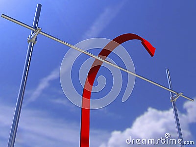 Red arrow jumps above the barrier Stock Photo