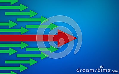 Red Arrow Leader Following by green Small arrows on blue background. Arrows Leadership Stock Photo