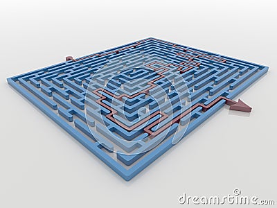 Red Arrow Path Across Blue Maze Labyrinth 3D Render, Solution Co Stock Photo