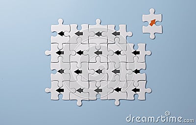 Red arrow print screen on white jigsaw puzzle move out and chang direction from black arrows. It is business disruption and Stock Photo