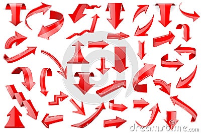 Red arrows. Set of shiny 3d icons isolated on white background Vector Illustration