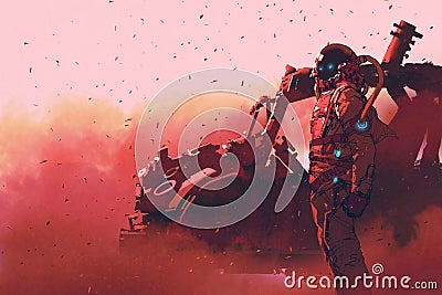 Red astronaut standing near futuristic vehicle on Mars planet Cartoon Illustration