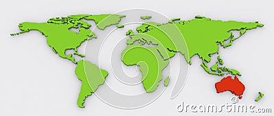 Red Australian continent highlighted on green world map Stock Photo