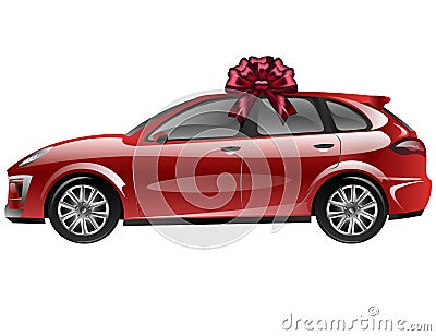 Red automobile with ribbon bow. Car as a gift Vector Illustration