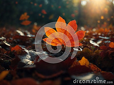 red autumn leaf closeup. Maple fall leaves in sunset, Hello October concept. Nature change mood, generative ai tool Stock Photo