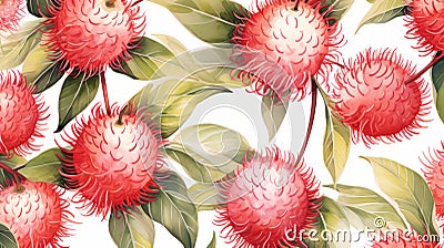 Rambutan Pattern: Hyperrealistic Watercolour Style With Pink Brisbane Flower Cartoon Illustration