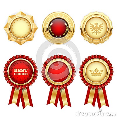 Red award rosettes and gold heraldic medals Vector Illustration