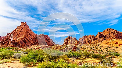 Red Aztec Sandstone Mountains at the Mouse`s Tank Trail in the Valley of Fire State Park in Nevada, USA Stock Photo