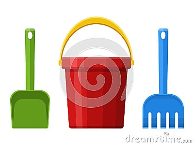 Red baby bucket, spade and rake isolated on white background. Toys set for children sandbox and playground, little Cartoon Illustration