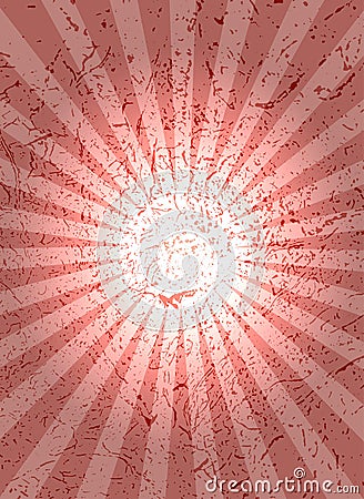 Red background with center rays, grunge texture. Vector Illustration