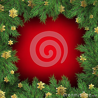 Red background with Christmas tree branches. Festive Xmas template of green branch of pine. EPS 10 Vector Illustration