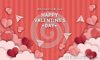 red background with clouds and hearts in paper style vector Vector Illustration