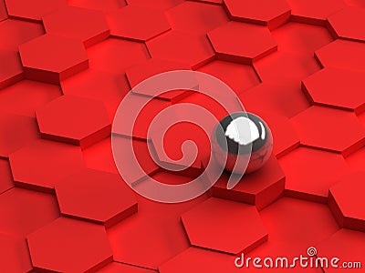 Red background of 3d hexagons and steel sphere Stock Photo