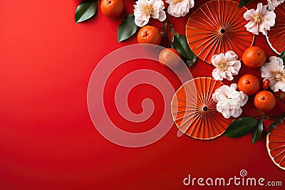Red Background With Fans, Tangerines And Flowers, Empty Space, Top View, Chinese New Year. Generative AI Stock Photo